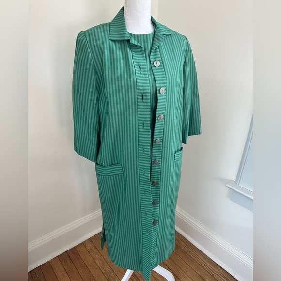 Suzy Perette Dresses & Skirts - Vintage Suzy Perette Green Striped Dress and Overcoat Set size Small